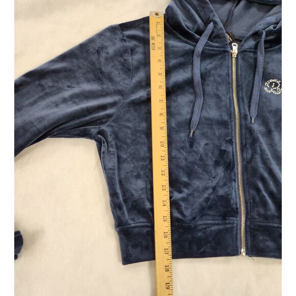 Urban Love Velour Zip Hoodie Jacket Size L Navy Y2K Cropped Rhinestone Lounge - Picture 7 of 9